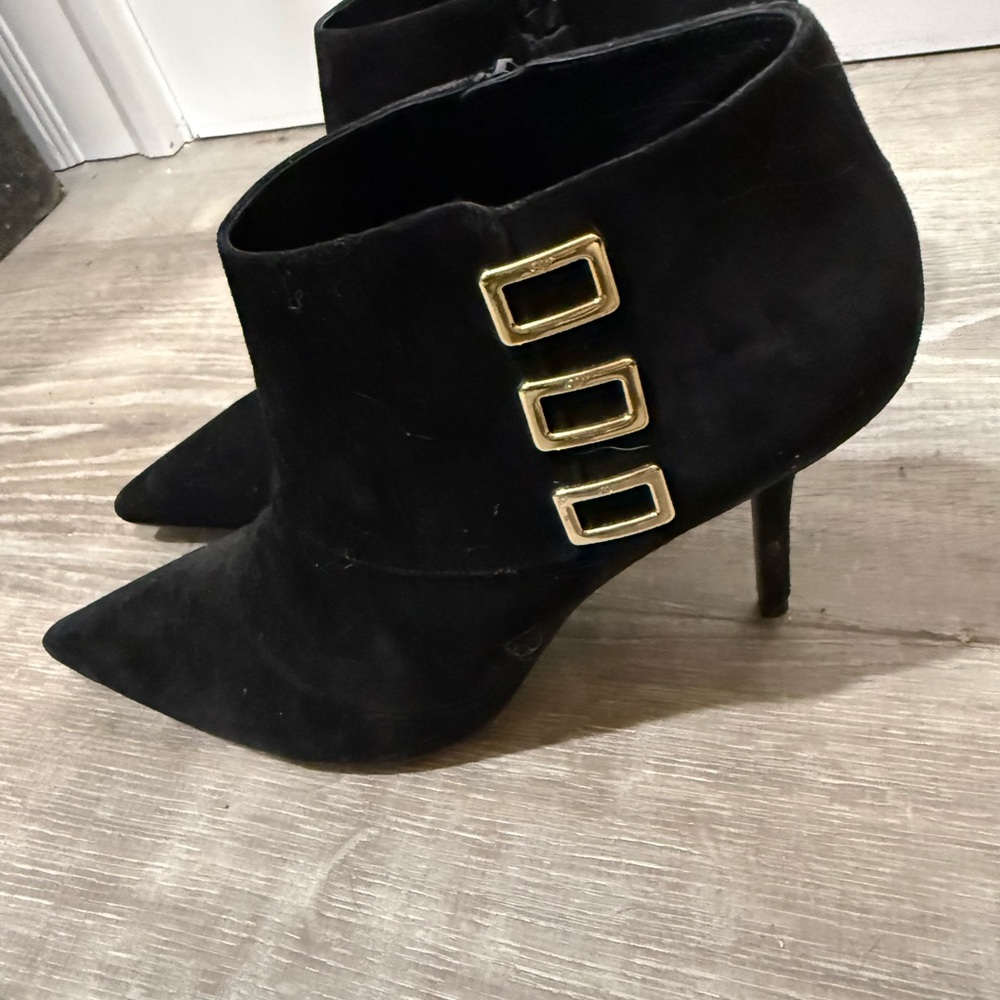 Roger Vivier Pointed Black Suede Ankle Boots with Gold Buckle Detail